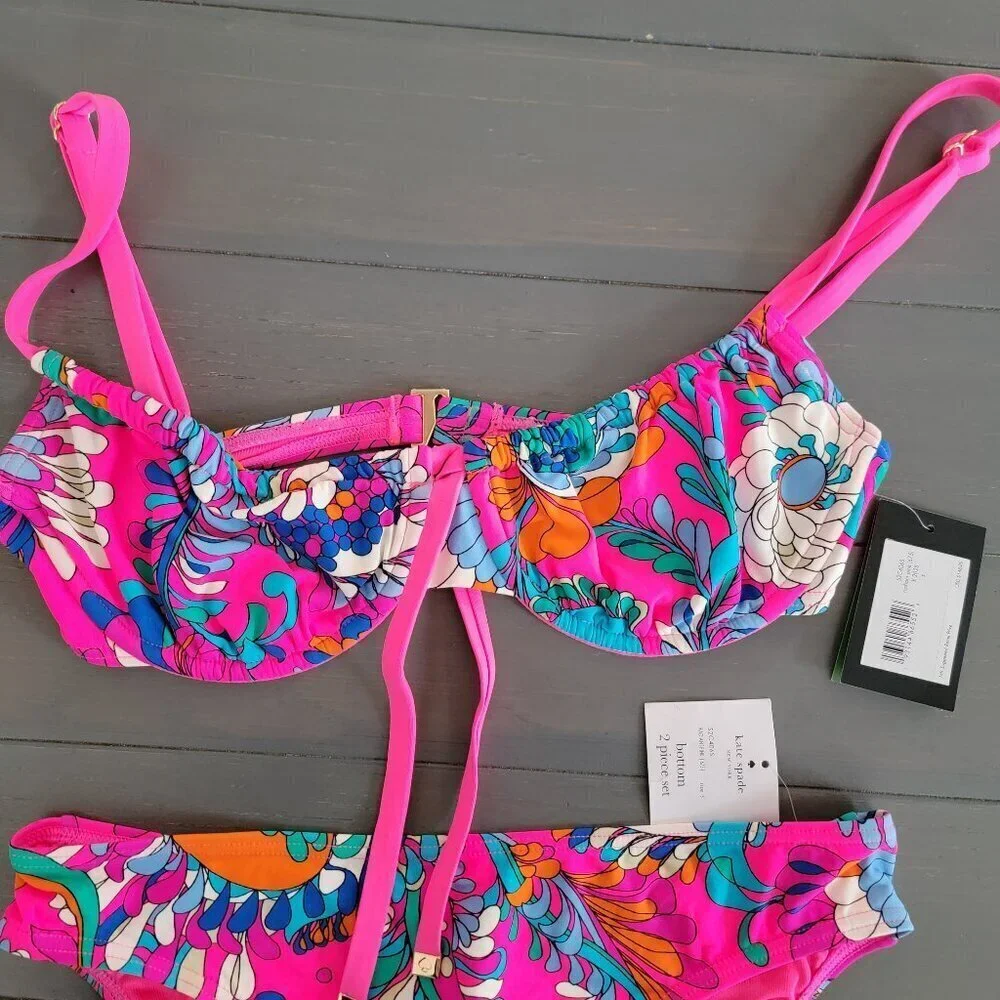 Kate Spade New York Printed Cinch Front Balconette Top Bikini Bottom Swimsuit S